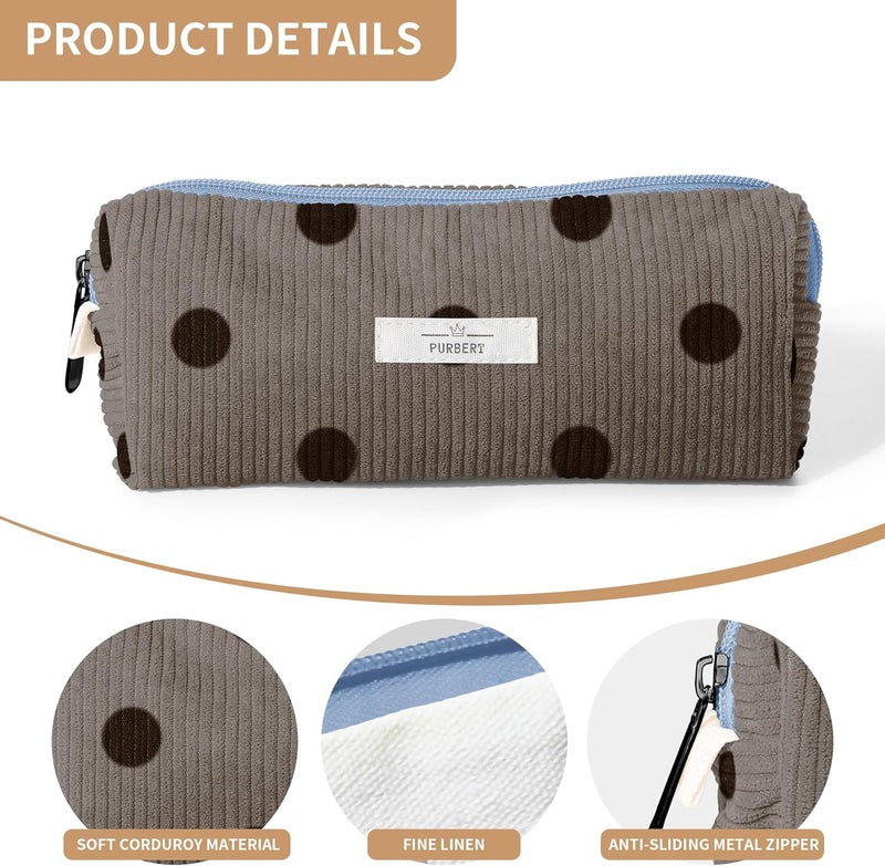 Purbert Pencil Bag Pen Case, Soft Corduroy Small Pencil Pouch Organizer with Zipper, Cute Pencil Case Pouch Stationery for Girls and Boys – Dot Grey - Image 4